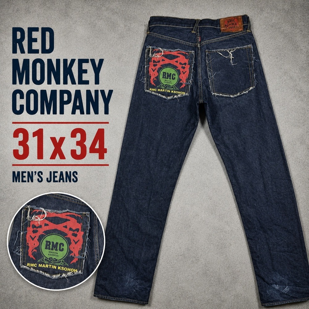 Red Monkey Company RMC Martin Ksohoh Mens Jeans 31x34 Dark Wash Indigo Embroider